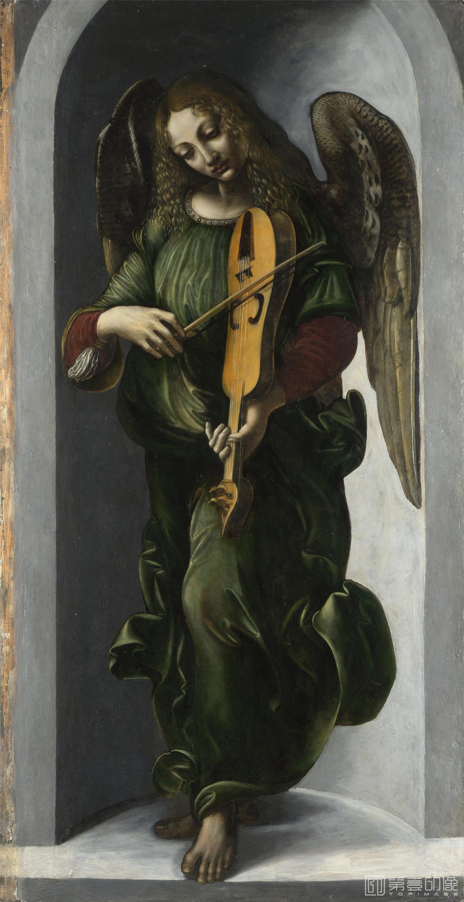 油画-大英博物馆藏画-Associate of Leonardo da Vinci - An Angel in Green with a Vielle-0240